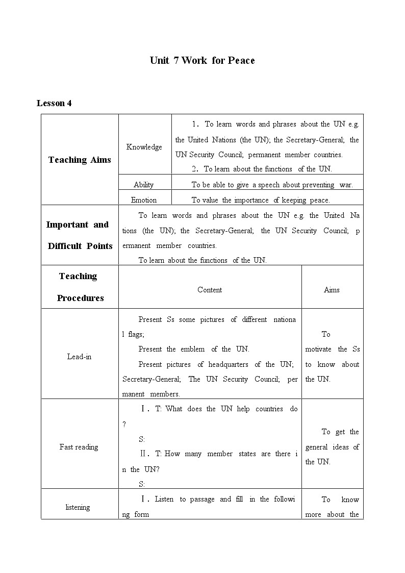冀教版英语九年级全一册 Unit 7 Work for Peace_4 教案01