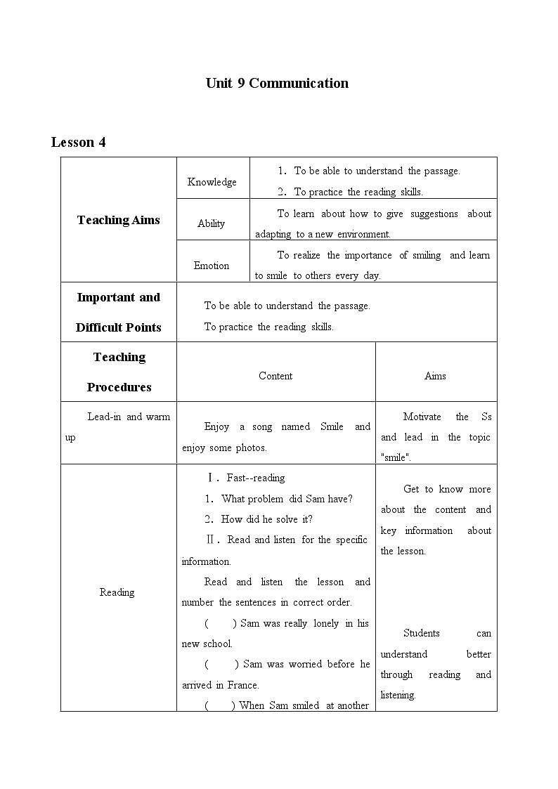 冀教版英语九年级全一册 Unit 9 Communication_4 教案第1页