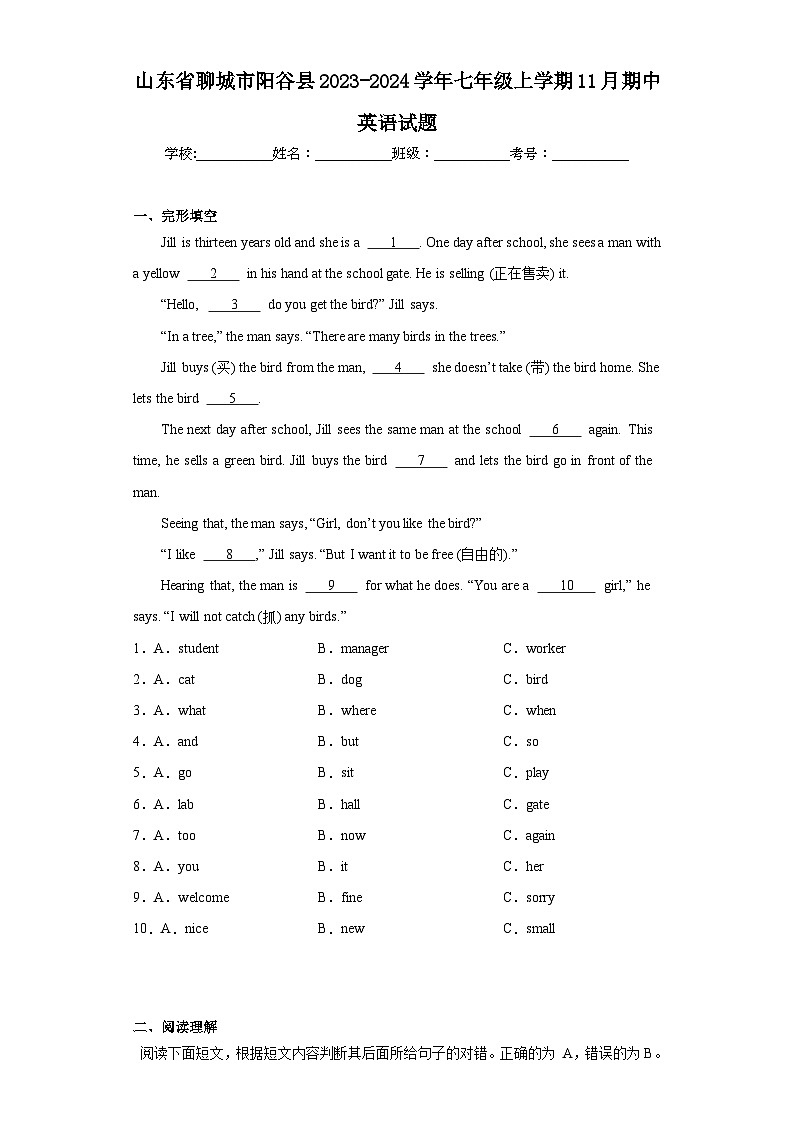 山东省聊城市阳谷县2023-2024学年七年级上学期11月期中英语试题(含答案)第1页