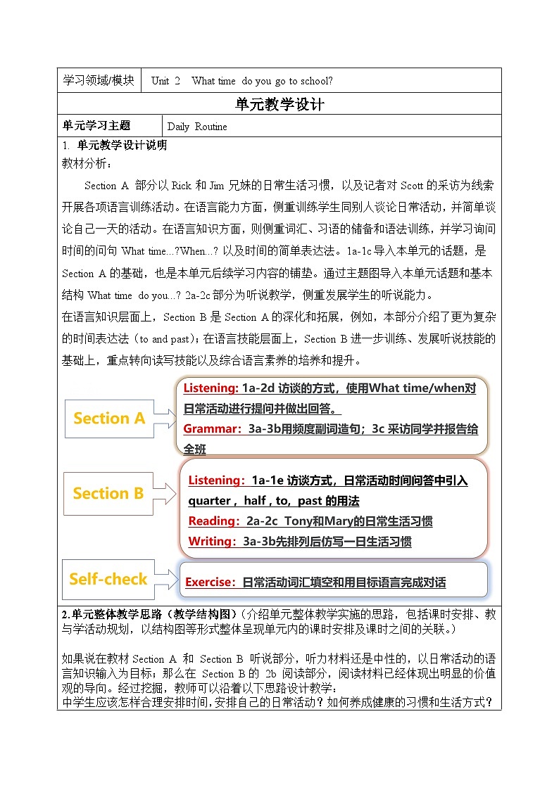Unit 2 What time do you go to school Section B 2a-2c 教案2023-2024学年人教版七年级下学期第1页