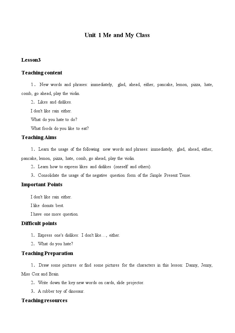 冀教版（三起）英语八年级上册 Unit 1  Me and My Class_3 教案01