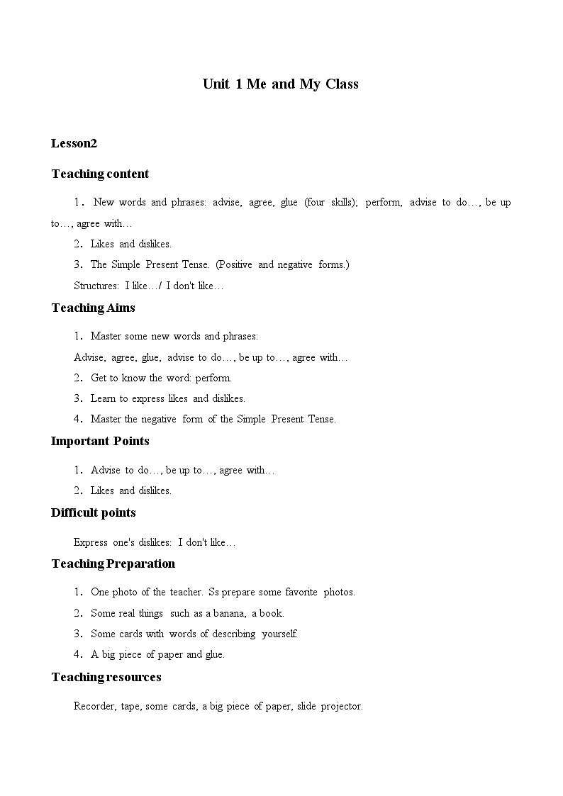 冀教版（三起）英语八年级上册 Unit 1  Me and My Class_2(1) 教案01