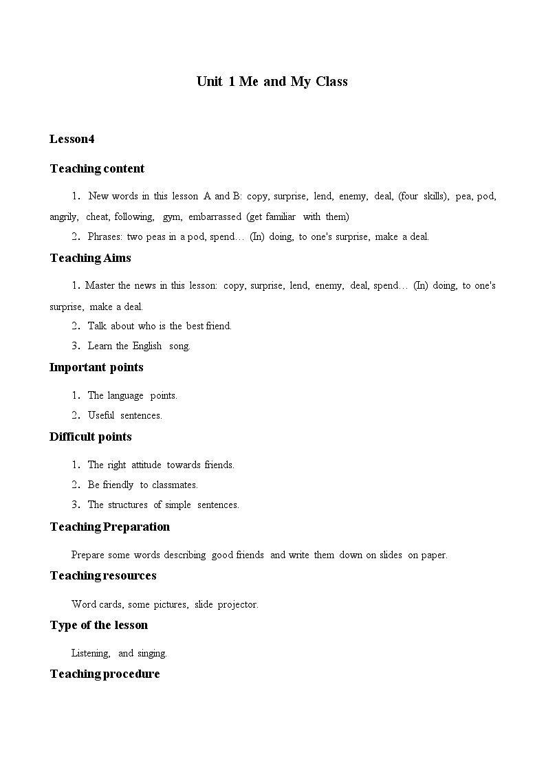 冀教版（三起）英语八年级上册 Unit 1  Me and My Class_4 教案01