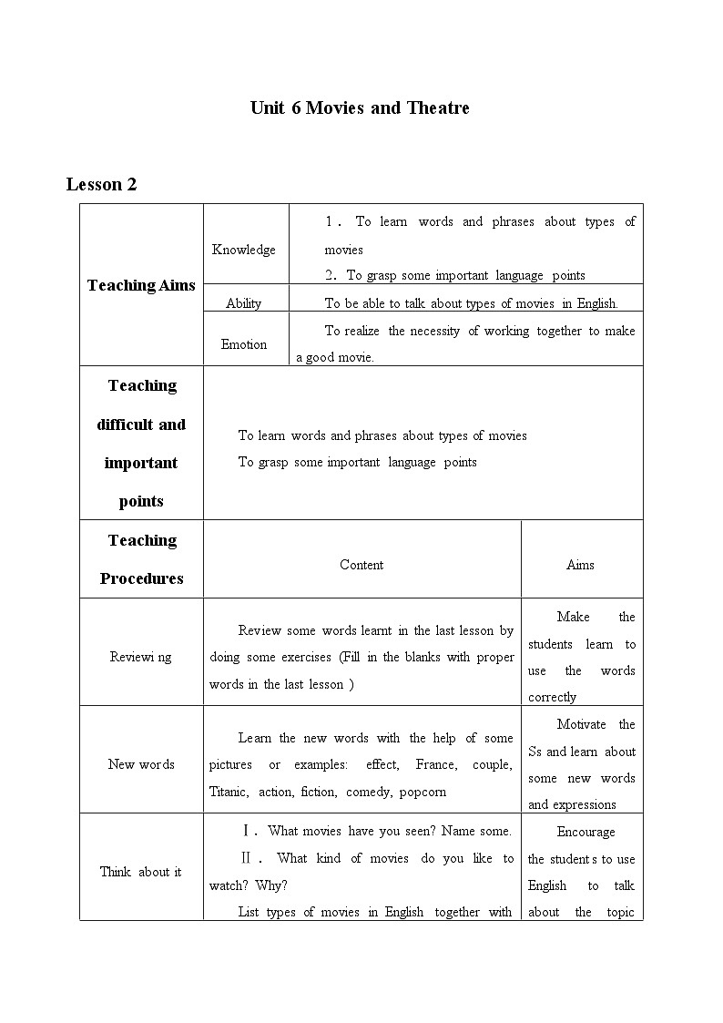 冀教版英语九年级全一册 Unit 6 Movies and Theatre_2 教案01