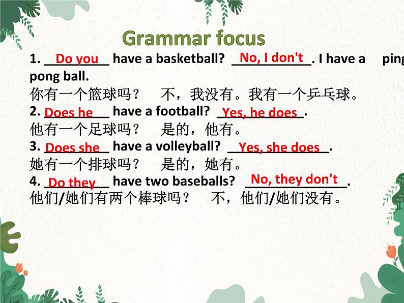 人教新目标(Go for it)版七年级上 Unit 5 Do you have a soccer ball Section A Grammar Focus-3c课件07