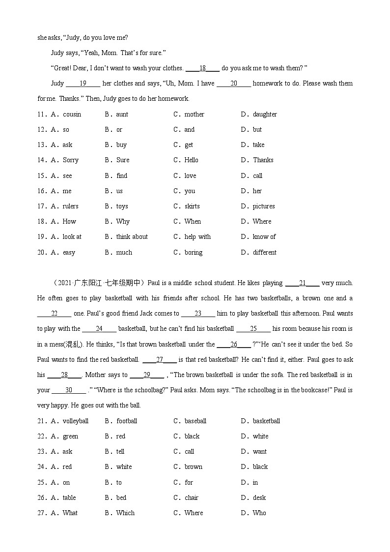 Unit 2 单元话题完形填空练习-2023-2024学年七年级英语下学期单元重难点和易错题精练（人教版）02