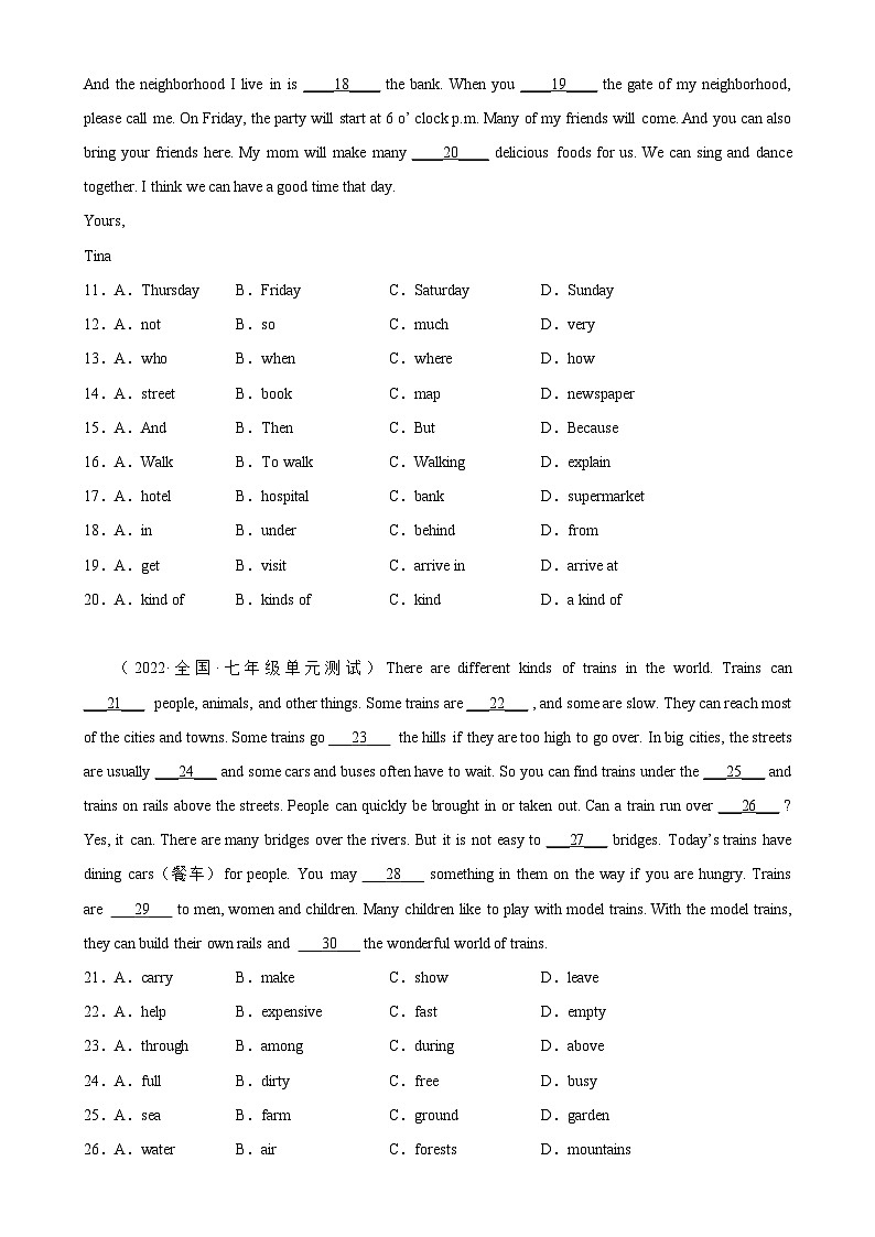 Unit 3 单元话题完形填空练习-2023-2024学年七年级英语下学期单元重难点和易错题精练（人教版）02