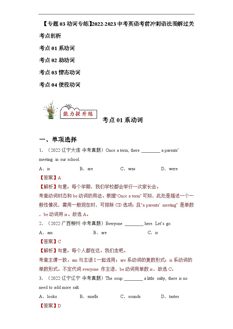 通用版 专题03 动词和动词短语词【练习】2022-2023年中考英语考前冲刺语法图解过关（原卷版+解析版）01