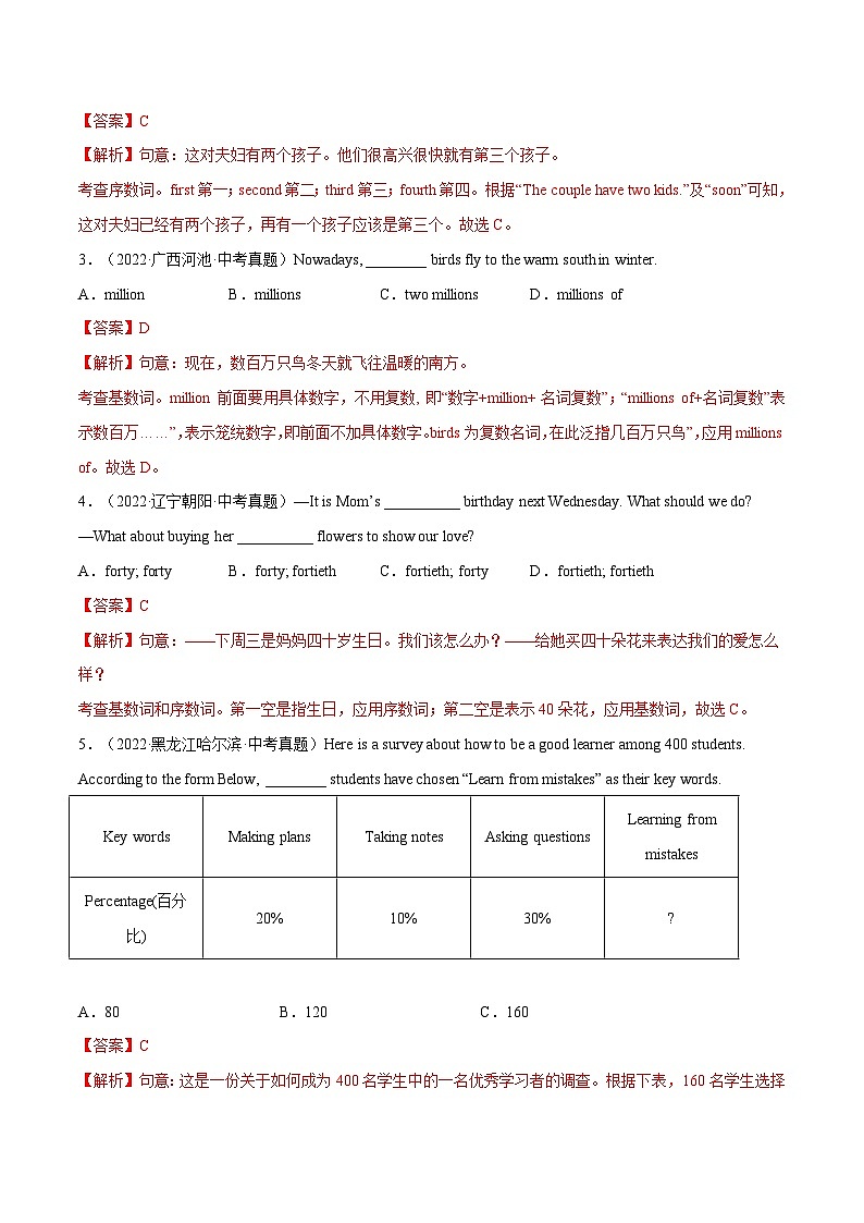 通用版 专题07 数词&主谓一致【练习】2022-2023年中考英语考前冲刺语法图解过关（原卷版+解析版）02