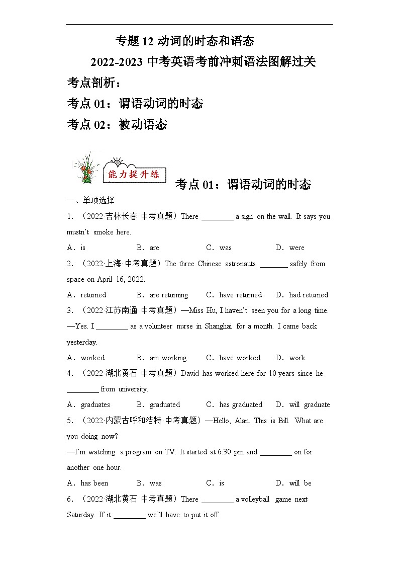 专题12 动词的时态和语态 2022-2023年中考英语考前冲刺语法图解过关（原卷版）第1页
