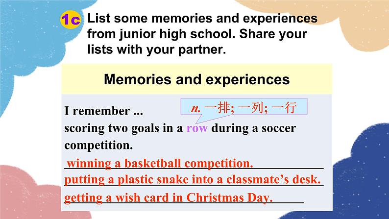 人教新目标(Go for it)版九年级英语全册 Unit 14I remember meeting all of youin Grade 7.Section A1a-2d课件第6页