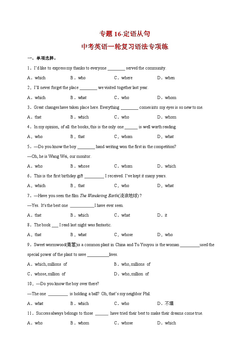 专题16 定语从句-中考英语一轮复习语法专项练习附答案（江苏）第1页