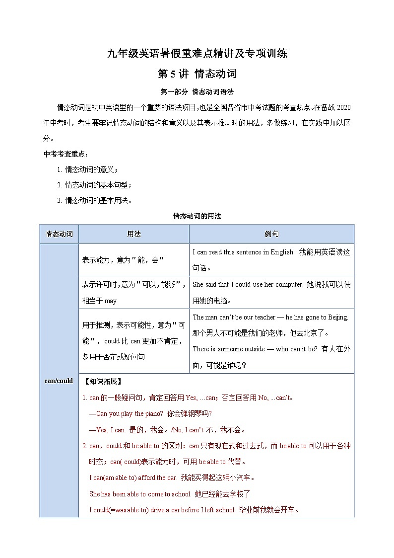 第5讲 情态动词-九年级译林版英语暑假重难点精讲及专项训练01