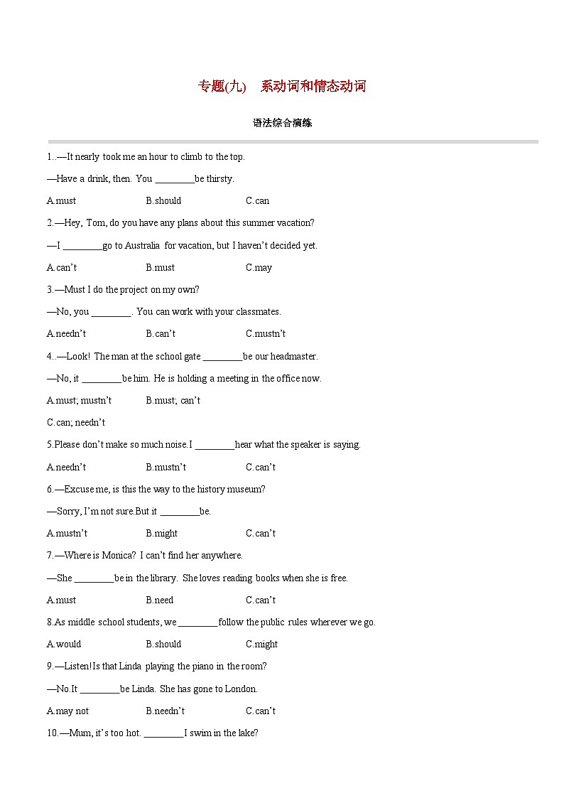 2024年中考英语语法专项练习-9系动词和情态动词第1页