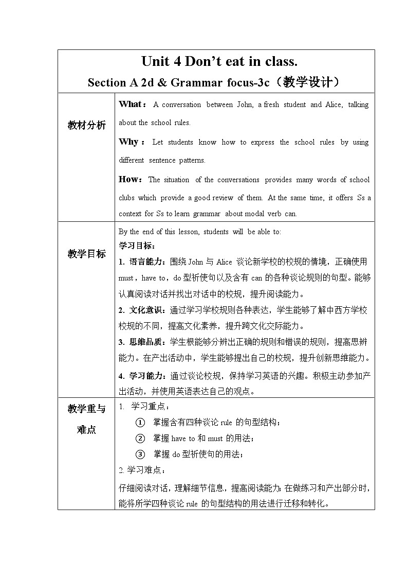 Unit 4 第 2 课时   ( Section A 2d & Grammar focus-3c)（教学设计)- 七年级英语下册同步备课系列(人教版）01