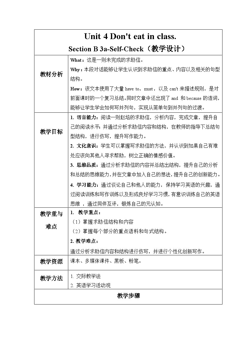 Unit 4 第5课时（Section B 3a-Self Check）（教学设计）- 七年级英语下册同步备课系列(人教版）01