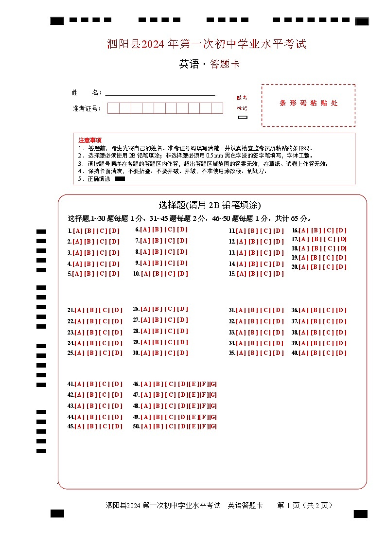江苏省宿迁市泗阳致远中学2024年九年级中考一模英语试卷01