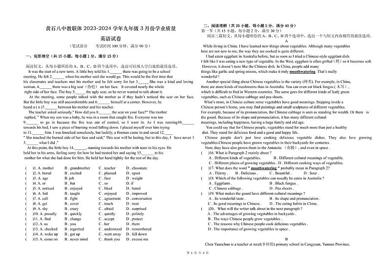 2024年湖北省黄石市八中教联体2023-2024学年九年级下学期3月份学业质量评价（一模）英语试题01