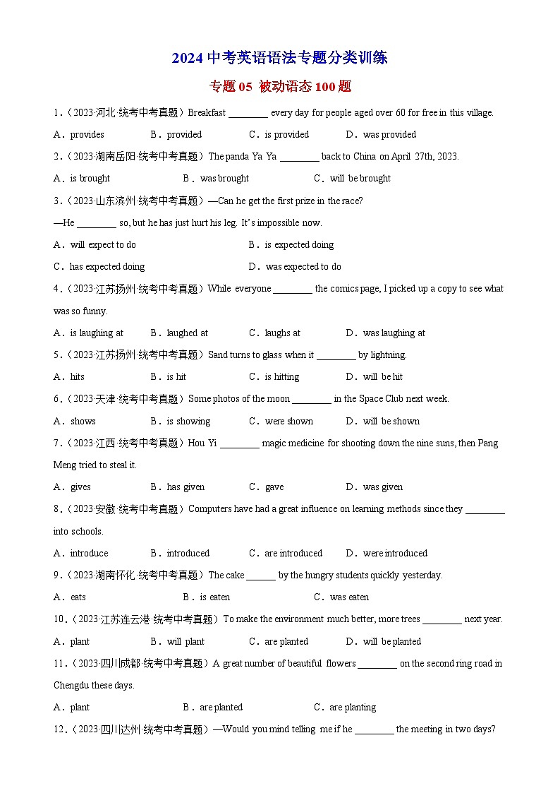2024中考英语语法专题分类训练 专题05 被动语态100题01