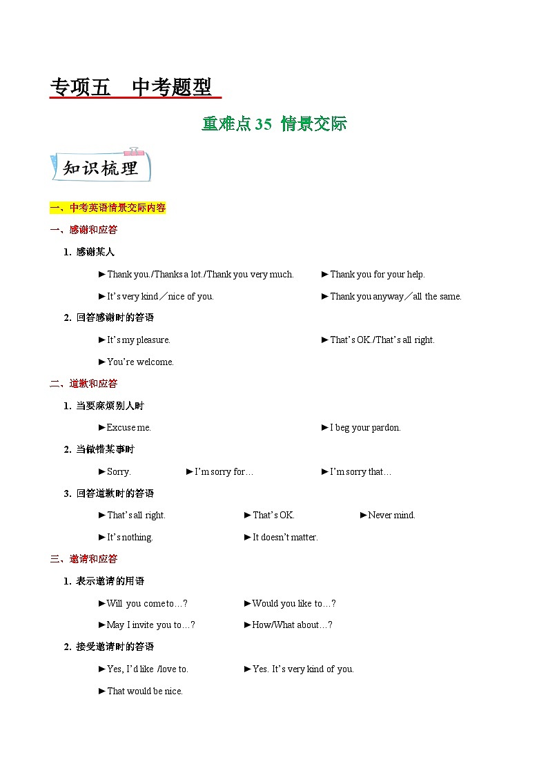重难点35 情景交际-2023年中考英语【热点·重点·难点】专练（全国通用）01