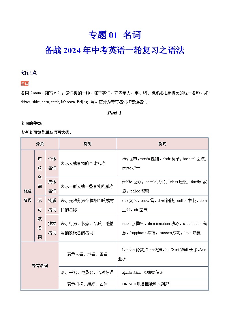 备战2024年中考英语一轮复习之语法--01 名词（精讲与练习）（含答案解析）第1页