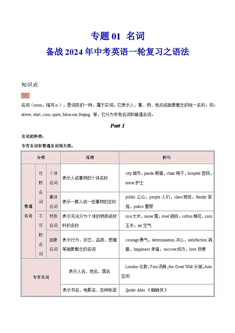 备战2024年中考英语一轮复习之语法--01 名词（精讲与练习）第1页