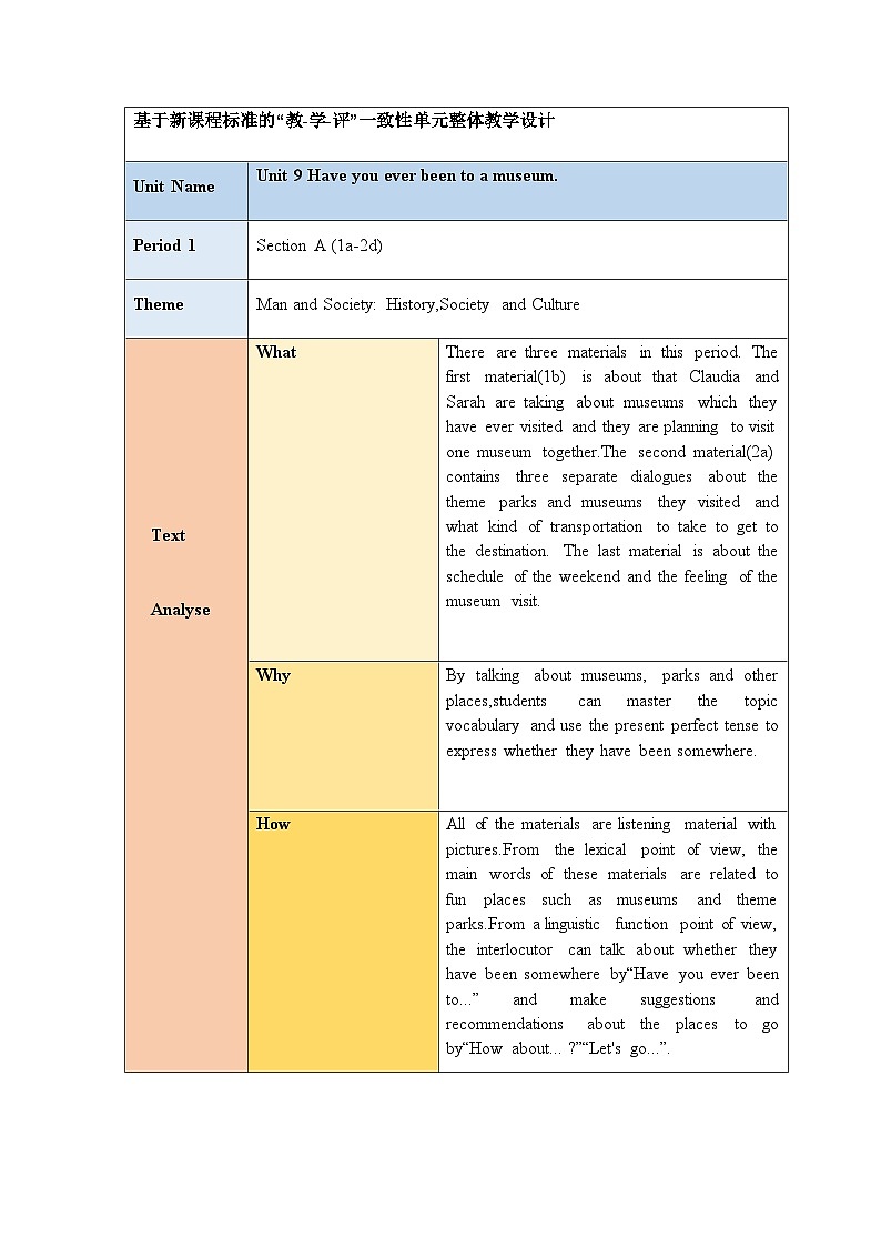 Unit 9 Have you ever been to a museum. Period 1 Section A (1a-2d) 教学设计 人教版英语八年级下册01
