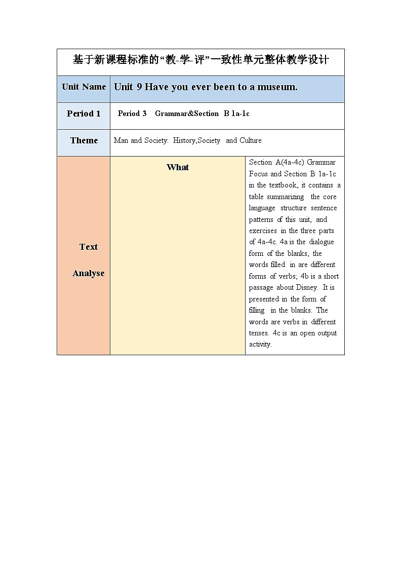 Unit 9 Have you ever been to a museumPeriod 3 Grammar&Section B 1a-1c 教学设计 人教版英语八年级下册01