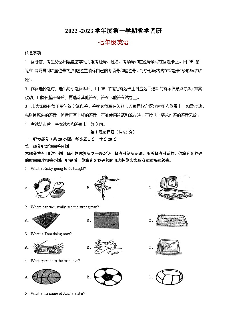 宿迁市沭阳县2022-2023学年七年级上学期期中英语试题（含答案解析）01