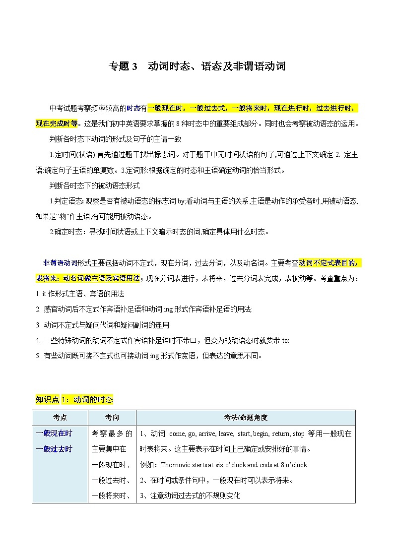 重难点03 动词时态、语态及非谓语动词 （解析版）第1页