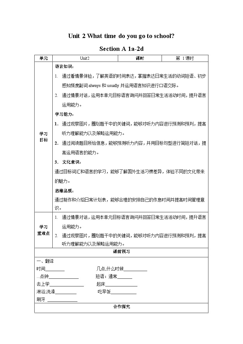 人教新目标版英语七年级下册  Unit 2 第1课时 (Section A 1a-2d) 课件+教案+导学案+分层作业01