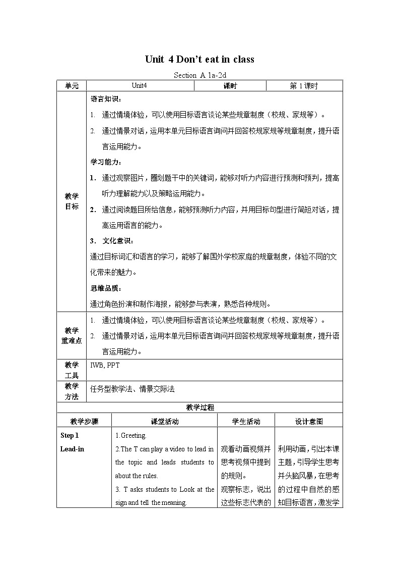 人教新目标版英语七年级下册Unit 4 第1课时 (Section A 1a-2d)  课件+教案+导学案+分层作业01