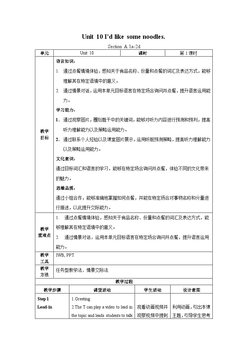 人教新目标版英语七年级下册  Unit 10 第1课时 (Section A 1a-2d)   课件+教案+导学案+分层作业01