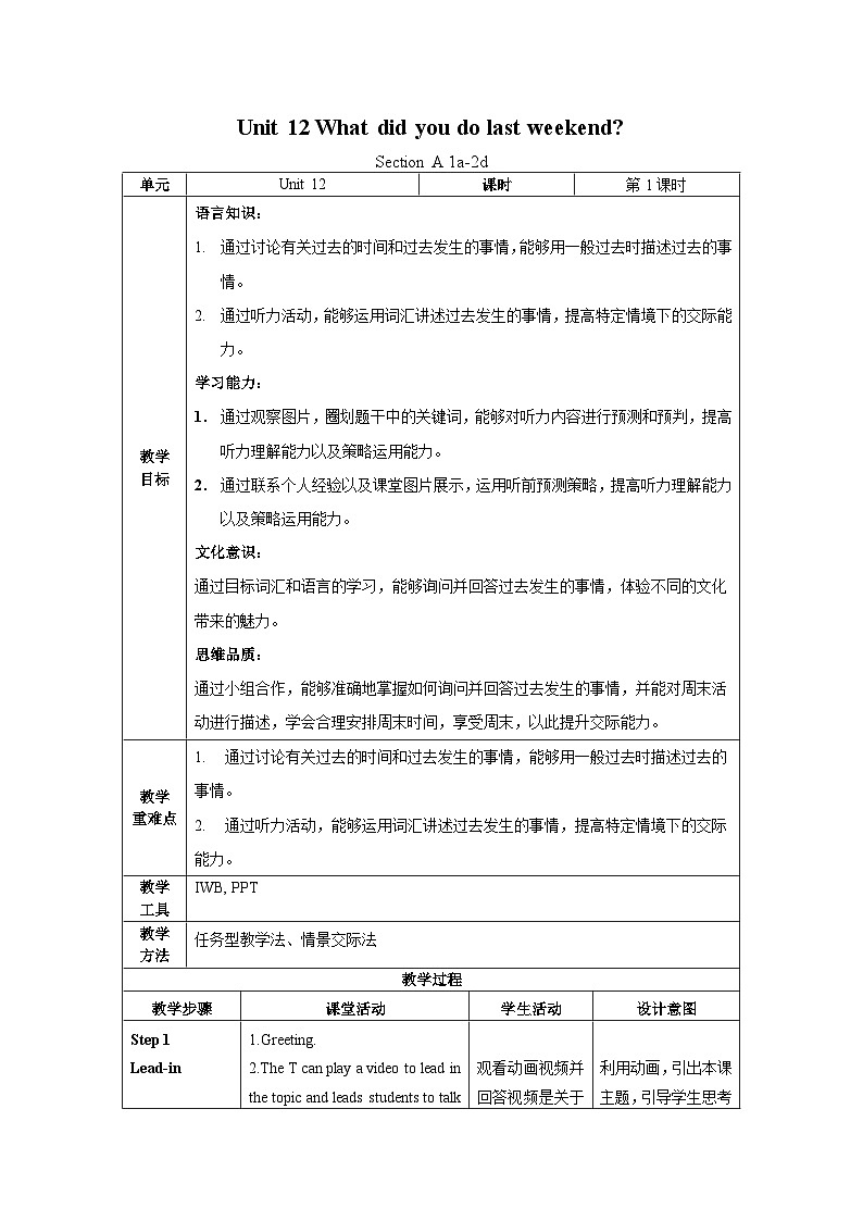 人教新目标版英语七年级下册 Unit 12 第1课时 (Section A 1a-2d) 课件+教案+导学案+分层作业01