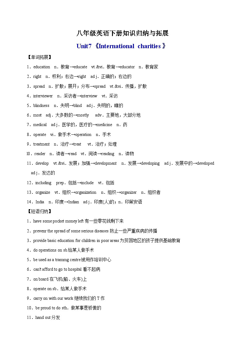 译林版八年级英语下册Unit7《International charities》单元知识归纳与拓展讲义01