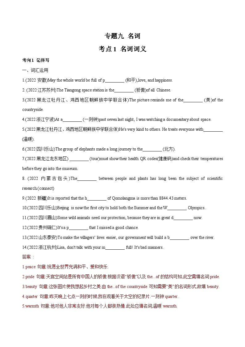 中考英语一轮复习语法题型满分练习专题9 名词（含解析）第1页