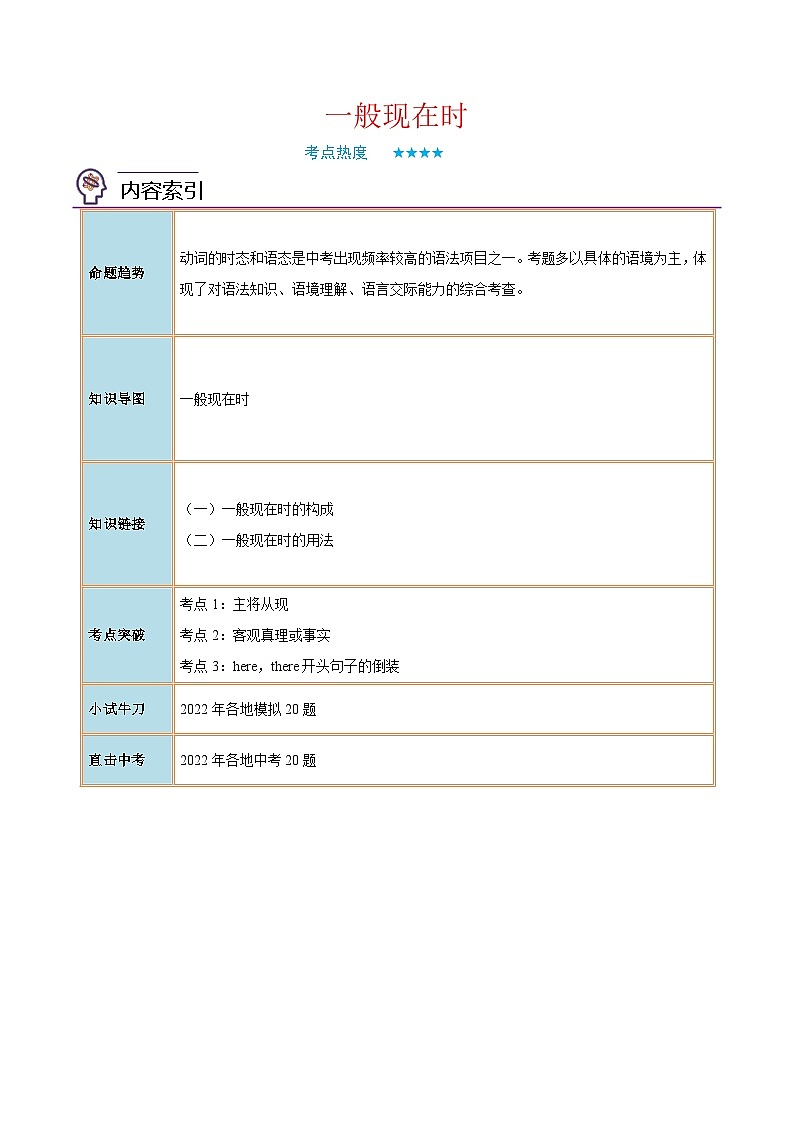 中考英语二轮复习核心语法逐个突破专题14 一般现在时（含解析）第1页