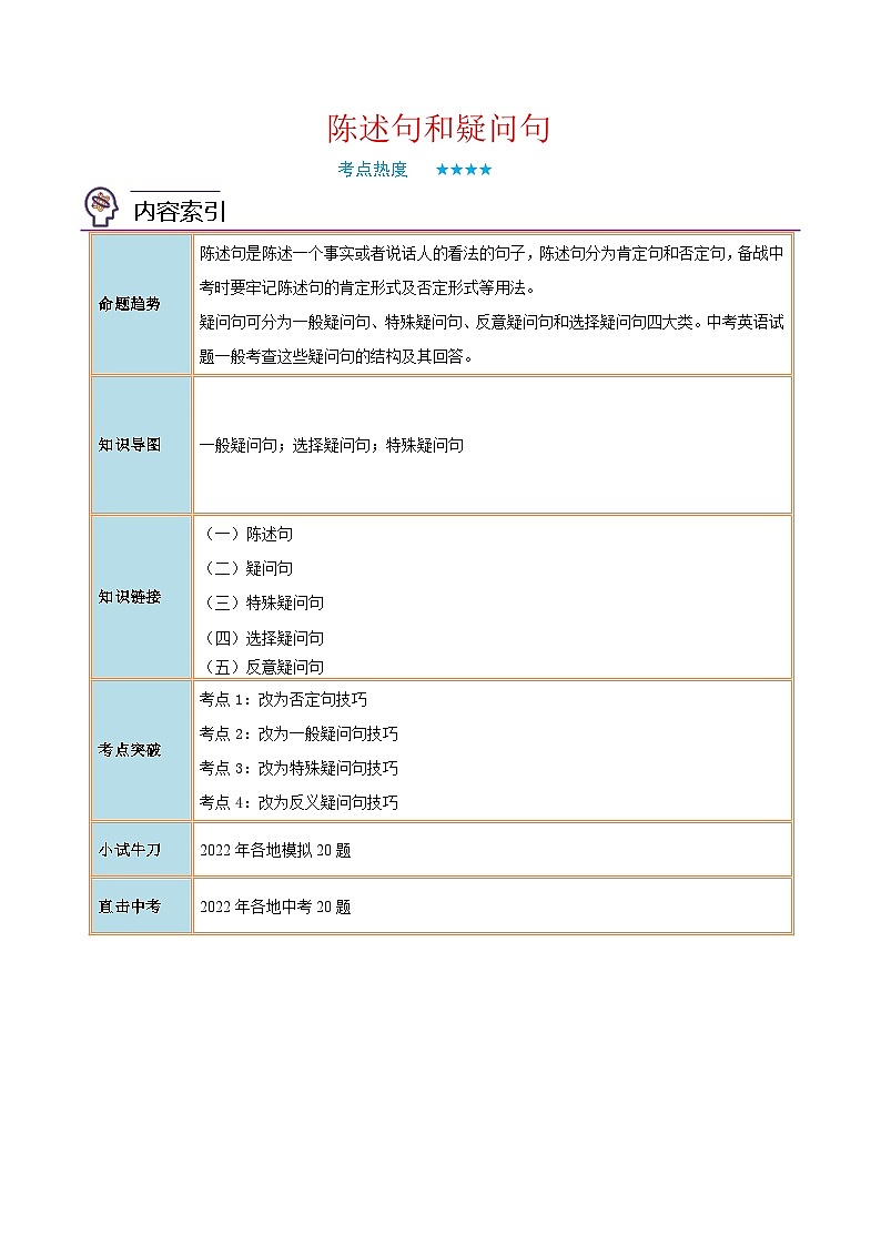 中考英语二轮复习核心语法逐个突破专题22 陈述句和疑问句（含解析）第1页