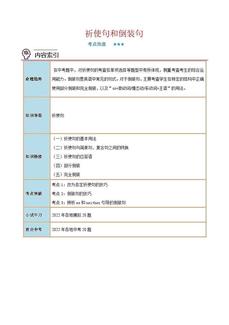 中考英语二轮复习核心语法逐个突破专题24 祈使句和倒装句（含解析）第1页