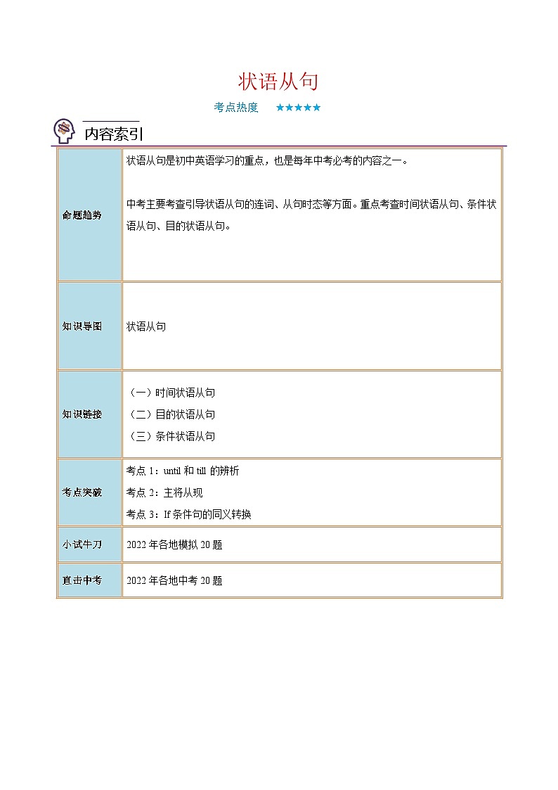 中考英语二轮复习核心语法逐个突破专题27 状语从句（含解析）第1页