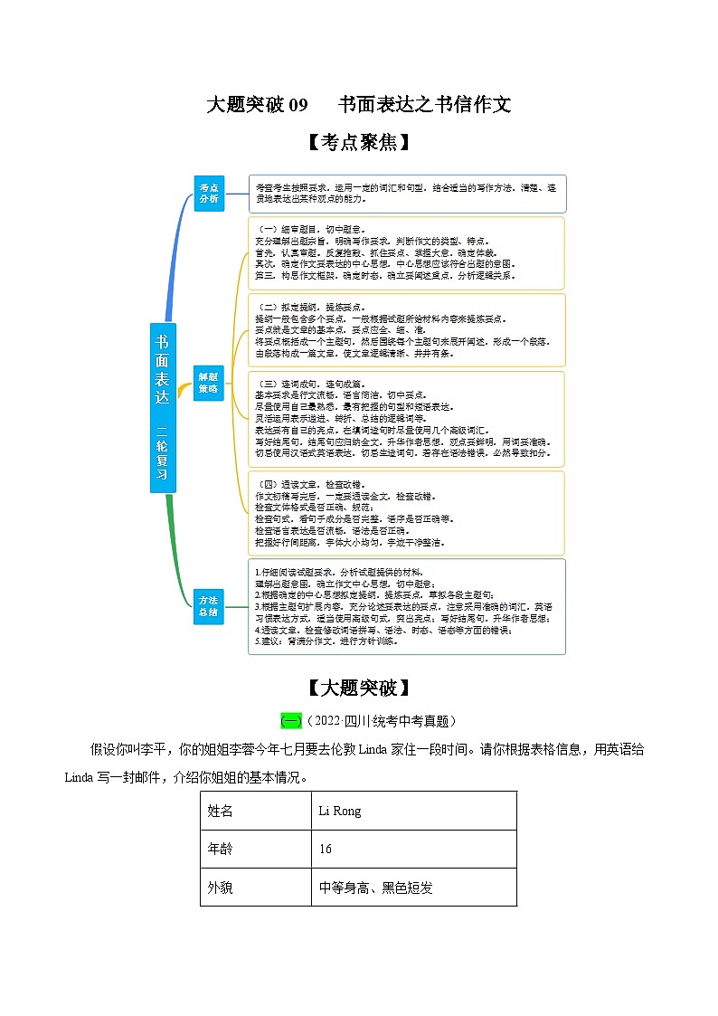 中考英语二轮复习之小题必刷+大题突破大题突破09  书面表达之书信作文（含解析）第1页