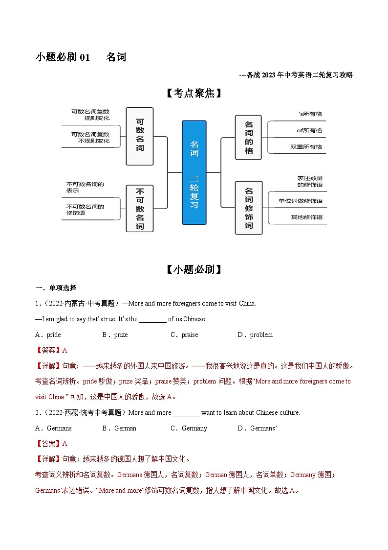 中考英语二轮复习之小题必刷+大题突破小题必刷01  名词 （含解析）第1页