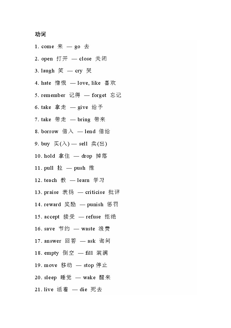 初中英语考试必备重点反义词90组第1页