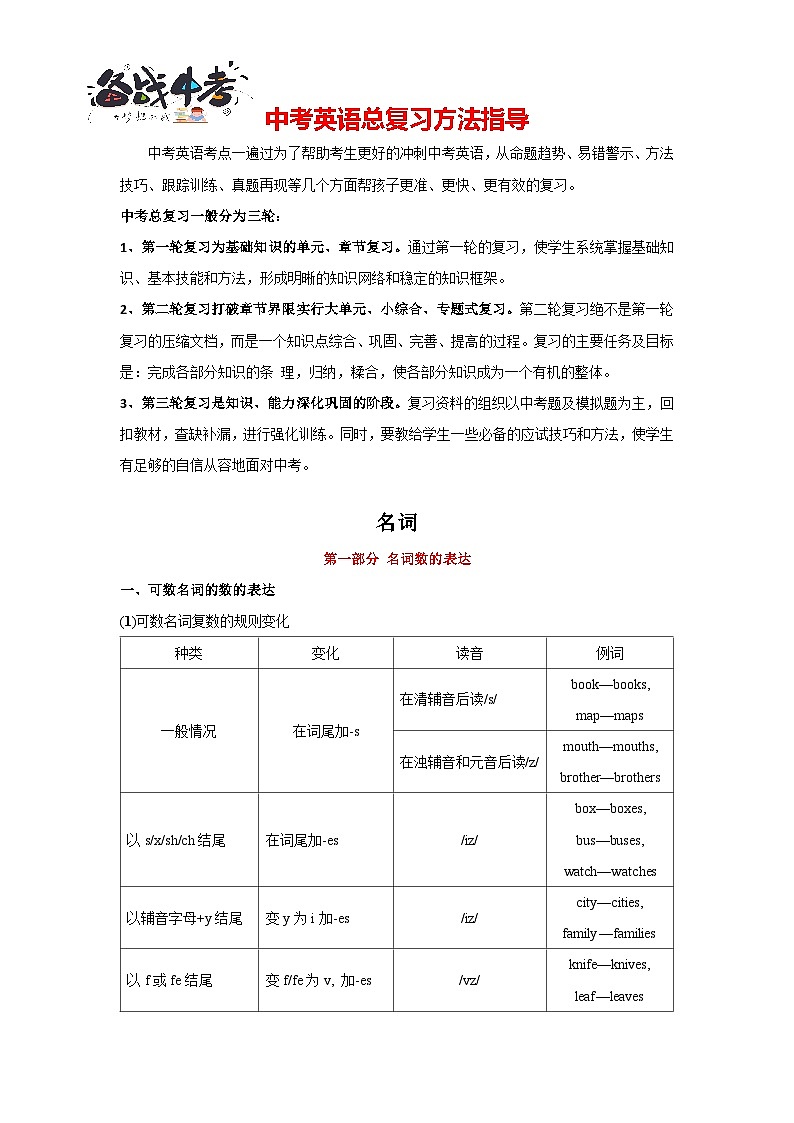 第01讲 名词-2024年中考一轮复习英语语法基础复习与巩固01