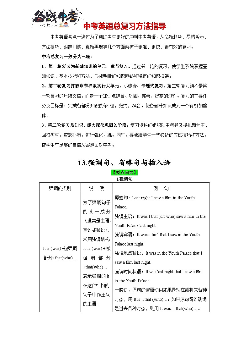 第13讲 强调句、省略句与插入语-2024年中考一轮复习英语语法基础复习与巩固01