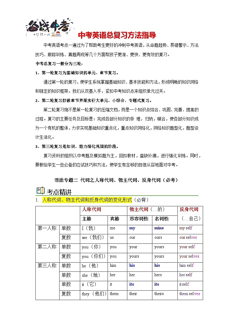 语法专题二 代词1【考点精讲精练】-2023年中考语法一点通（教师版）第1页