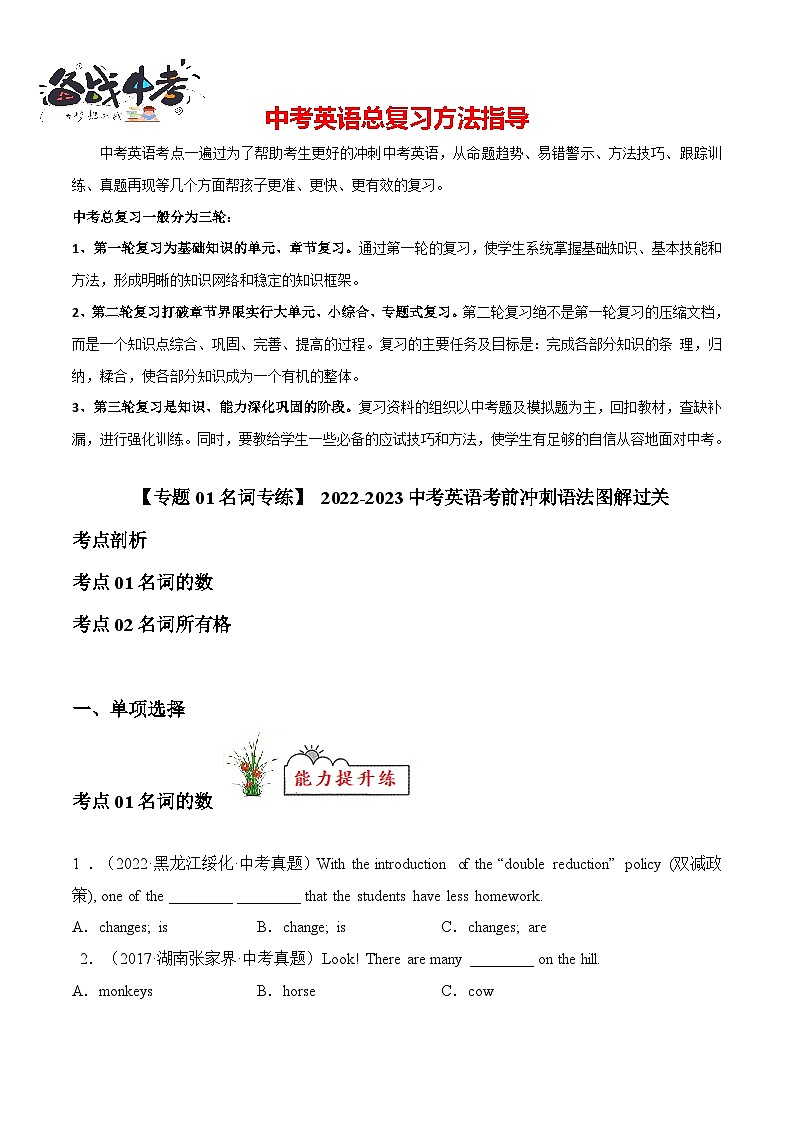 专题01 名词【练习】-2023年中考英语考前冲刺语法图解过关（原卷版）第1页