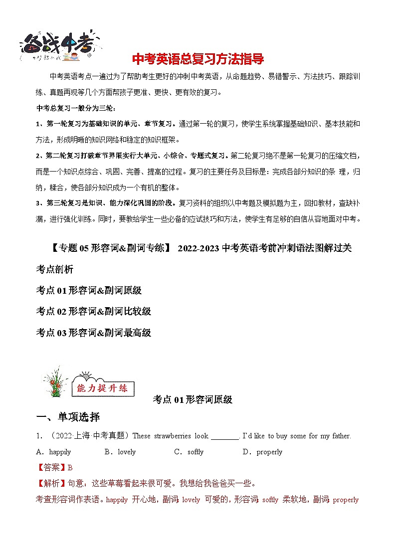 专题05 形容词&副词【练习】-2022-2023中考英语考前冲刺语法图解过关（解析版）第1页