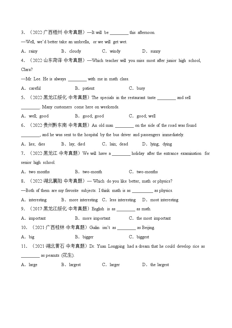 专题05 形容词&副词【练习】-2022-2023中考英语考前冲刺语法图解过关（原卷版）第2页
