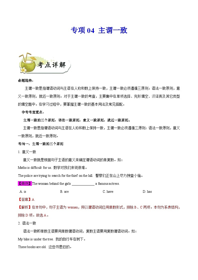中考英语一轮复习  考点详解+真题练习专项突破04 主谓一致（含解析）01